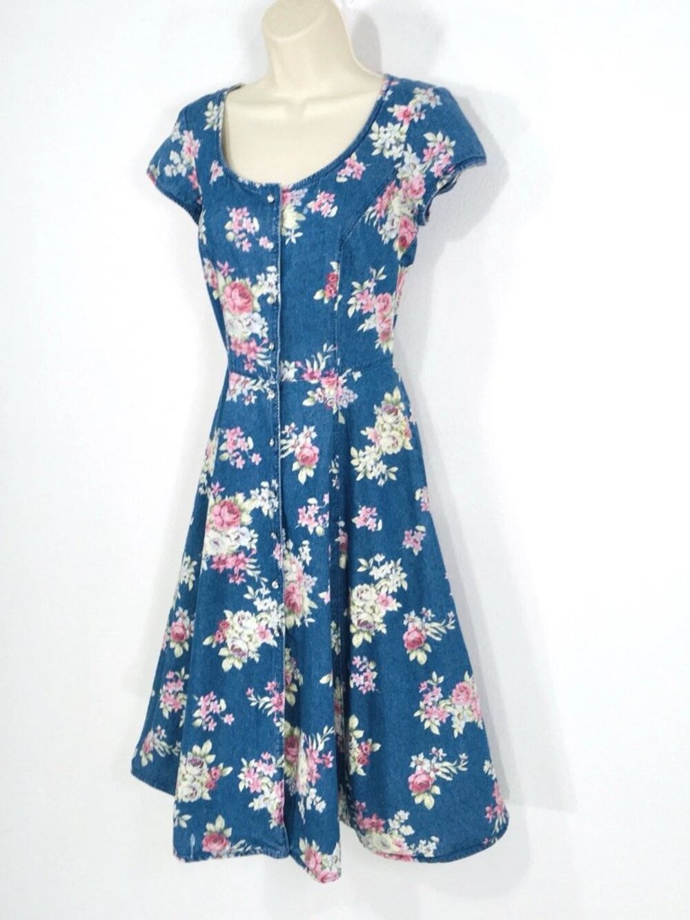 Signature by Robbie Bee Floral Denim Dress Sz 4P Western Cottagecore Rockabilly